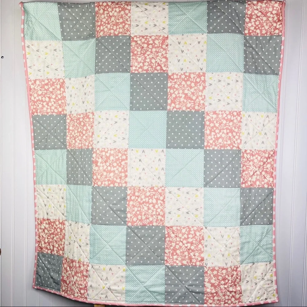 Handmade Easter / Spring Quilt Dusty Rose Blue Polka Dot Nursery Baby Bedding